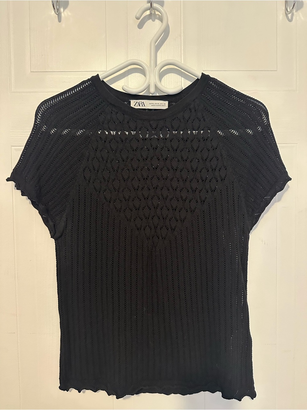 Zara Black Openwork Knit Short Sleeve Top